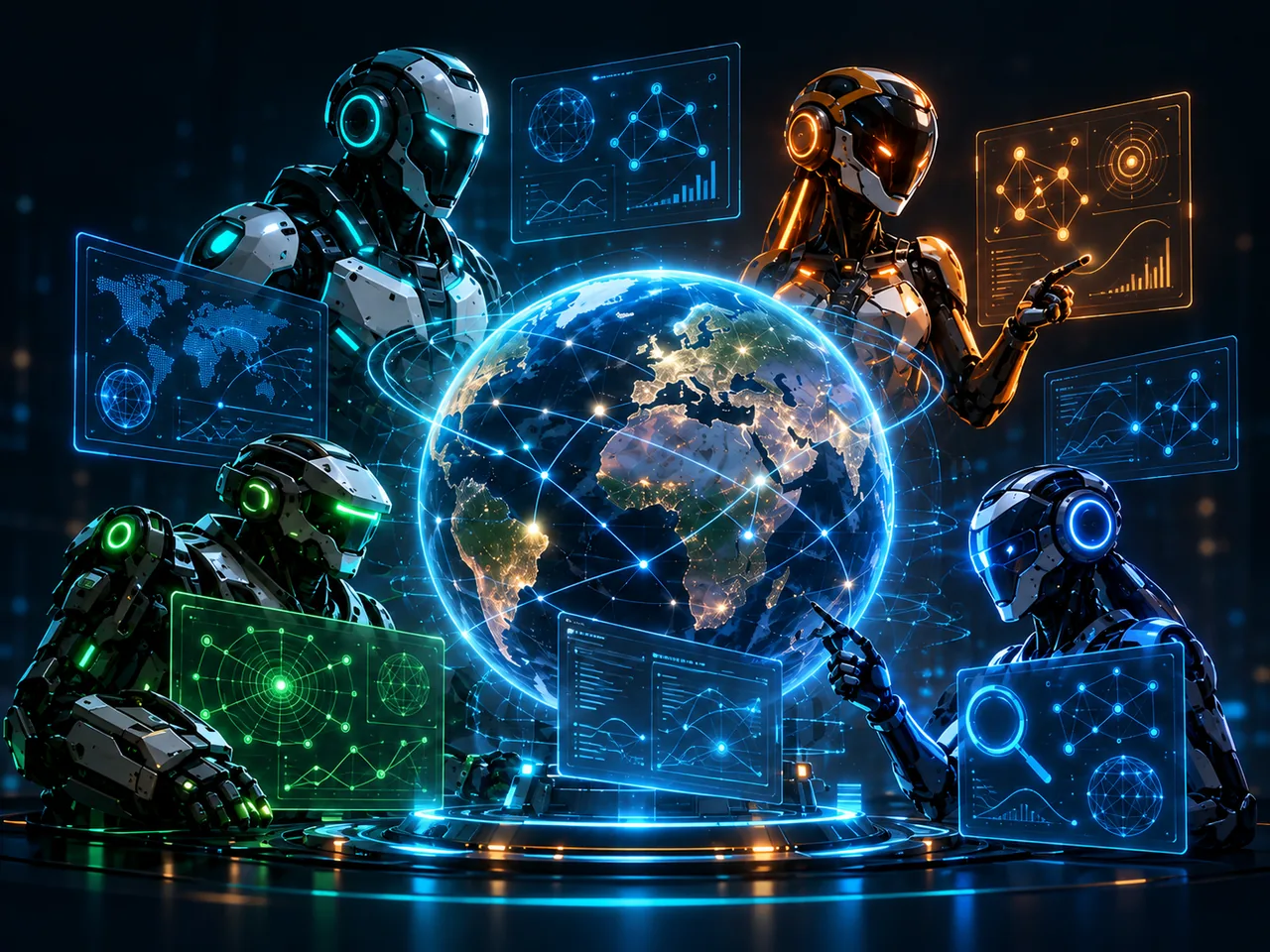 Quatre agents futuristes originaux, turquoise, orange, vert et bleu, autour d’un globe holographique.
